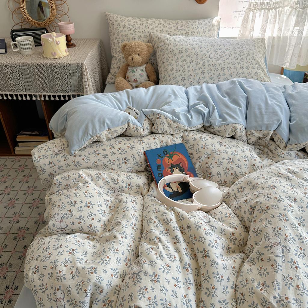 Class A Mother and Baby Grade Pure Washed Cotton Four-piece Set Ins Small Fresh Bed Sheet Quilt Cover Student Dormitory Style Bedding Set