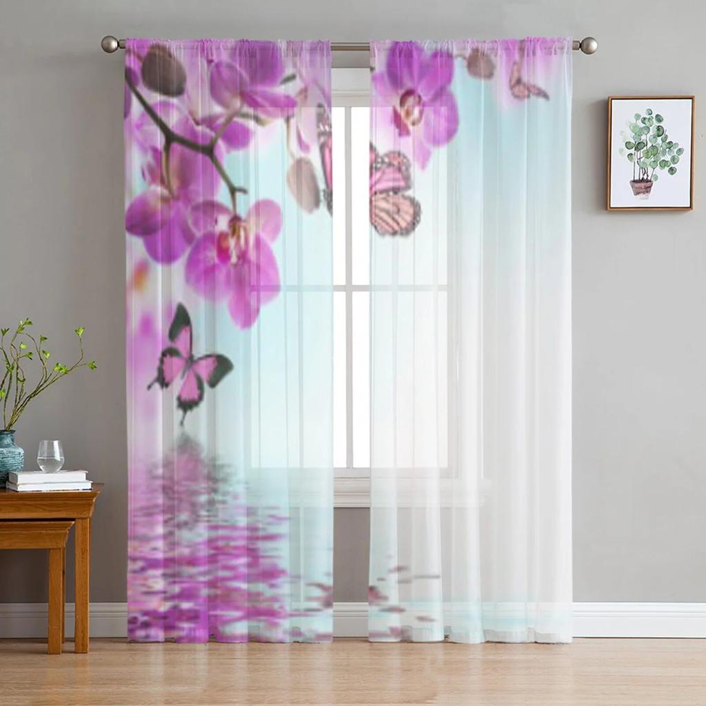 Tropical Orchids Floral And Butterfly Tulle Curtains For Living Room Decoration Modern Veil Chiffon Curtains Bedroom Sheer Voile