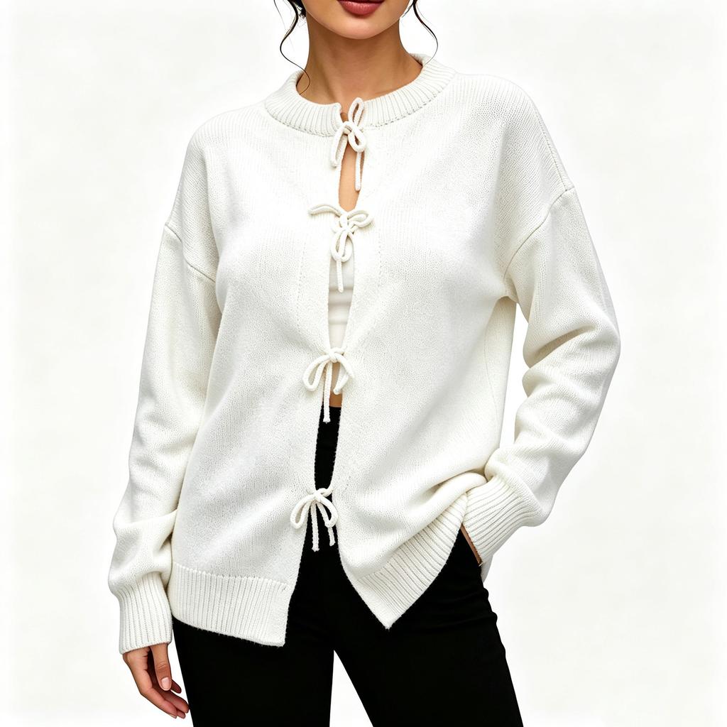 Women's Loose Fit Long Sleeve Color Knit Cardigan with Tie Waist for Casual Wear