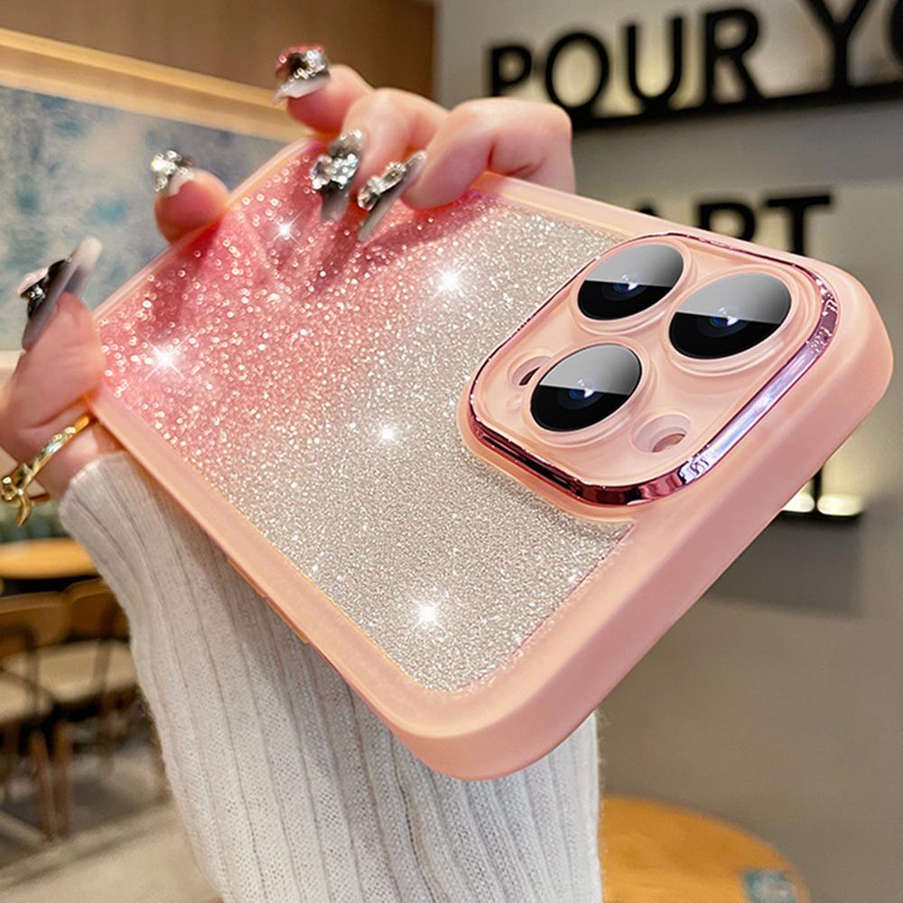 For iPhone 16 Pro Max Case Gradient Glitter Shockproof PC+TPU Phone Cover with Lens Film
