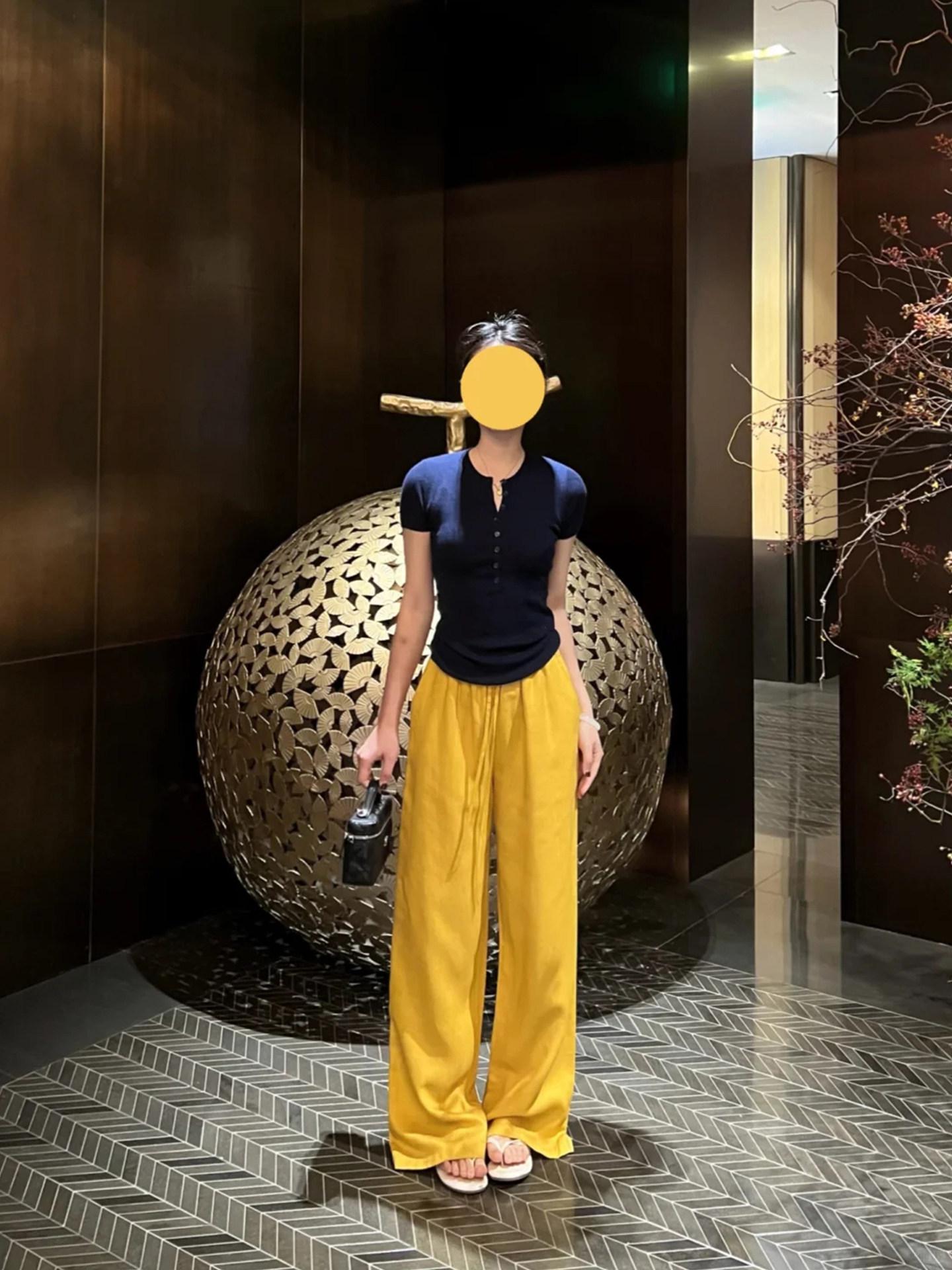 Women s Yellow Cotton Linen Wide-Leg Pants - 2026 Summer Retro High-End Casual Loose Fit. S