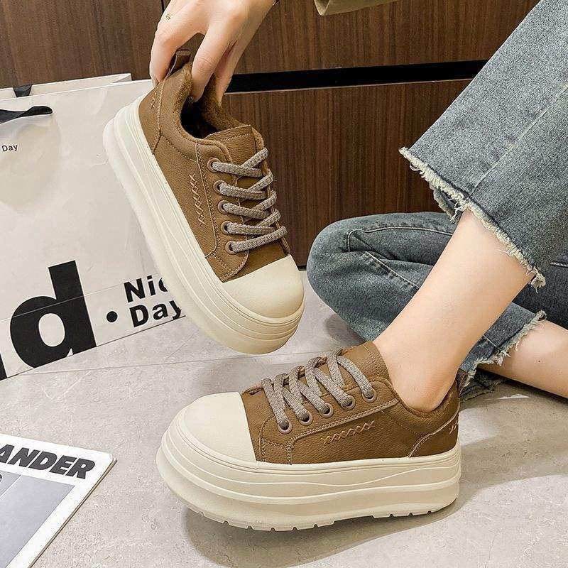 Ugly Cute Bread Shoes Women's New Little White Shoes In Autumn and Winter 2025 Heightened Thick-soled Velvet Casual Sports Board Shoes