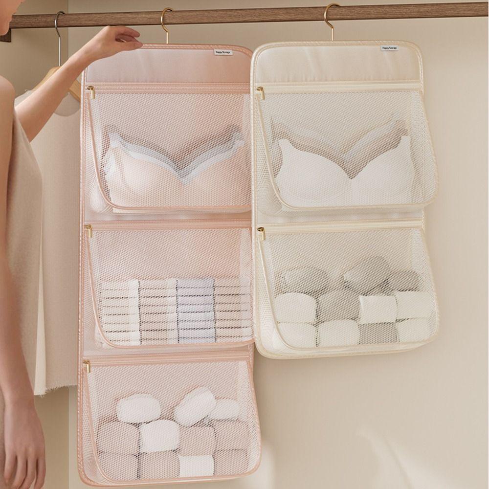 Space-Saving Hanging Clothes Organizer Zippered Mesh Underwear Storage Bag Rotating Hook Foldable Closet Socks Dispenser