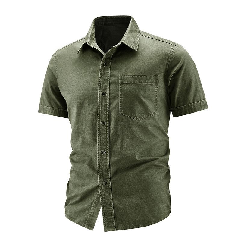 Solid Color Short Sleeved Men's Shirt Washed With Pure Cotton, With A Flanged Style, Sporty And Casual Loose Fit Shirt