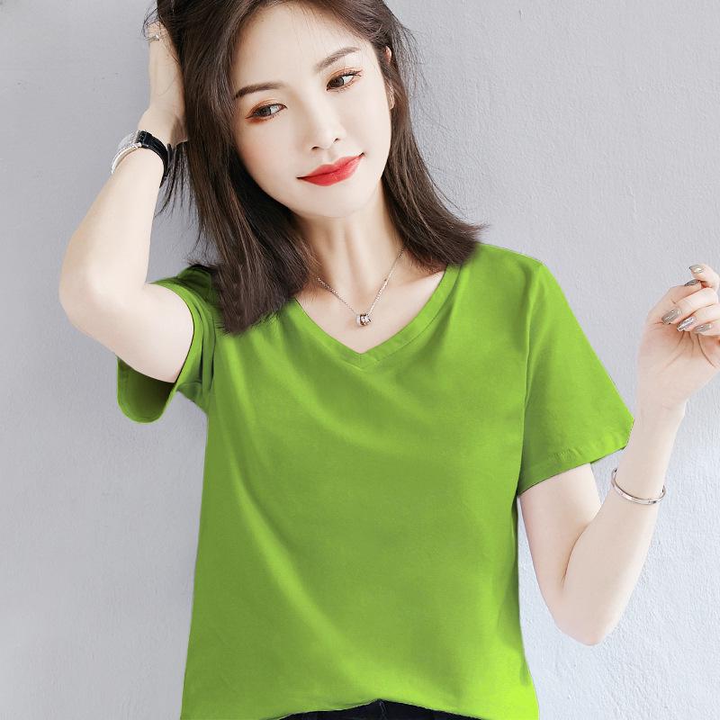 Women's 2022 Green Heart-Shaped V-Neck Short-Sleeve Cotton T-Shirt - Trendy Summer Wear