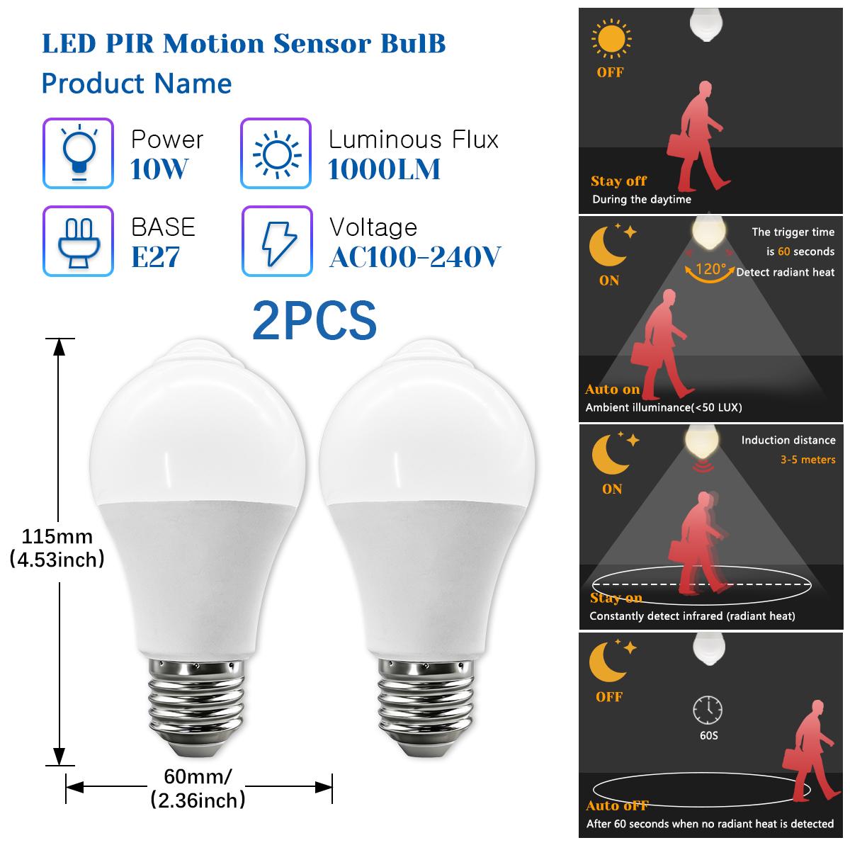 110V 220V PIR Motion Sensor Lamp 10W LED Bulb Cool lighting with Motion Sensor Infrared Radiation Motion Detector Security Light 2PCS