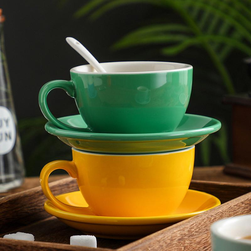 European Style 300ML Solid Color Coffee Cup and Saucer Gift Ceramic Cappuccino Latte Cup Cup and Saucer Set Multi-color Optional
