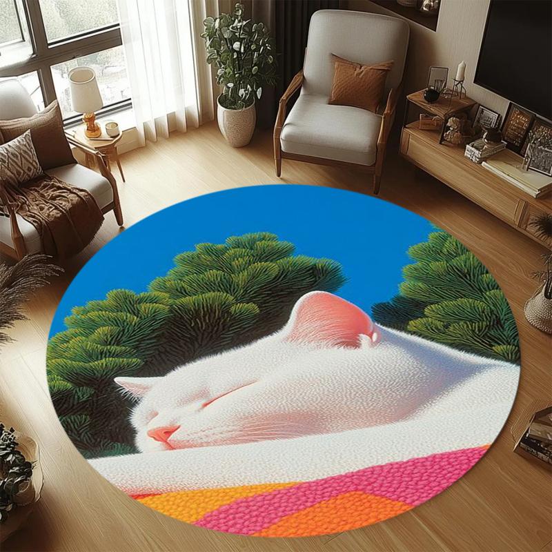 Cute Sleeping White Cat Round Area Rug Cartoon Soft Pet Print Carpet Non-slip Floor Mat Bedroom Nursery Indoor Home Decoration