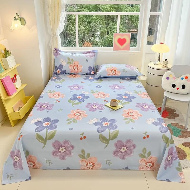 Botanical Floral Flat Sheet Twin Queen Garden Flower Bed Sheet Set Soft Cotton Pastoral Wildflowers Bed Cover with 2 Pillowcases