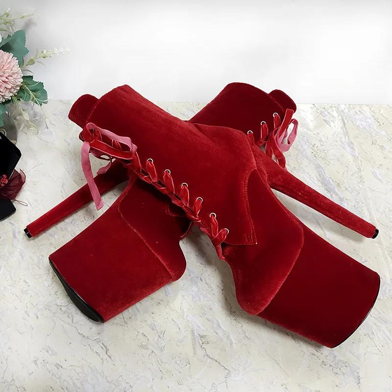 

Элегантные женские сапоги до середины икры Новые Замшевые Клубные для танца на пилоне Клубные На высоком каблуке Сценические 20 см Шпилька На шнуровке Женская обувь Красные 34 красный