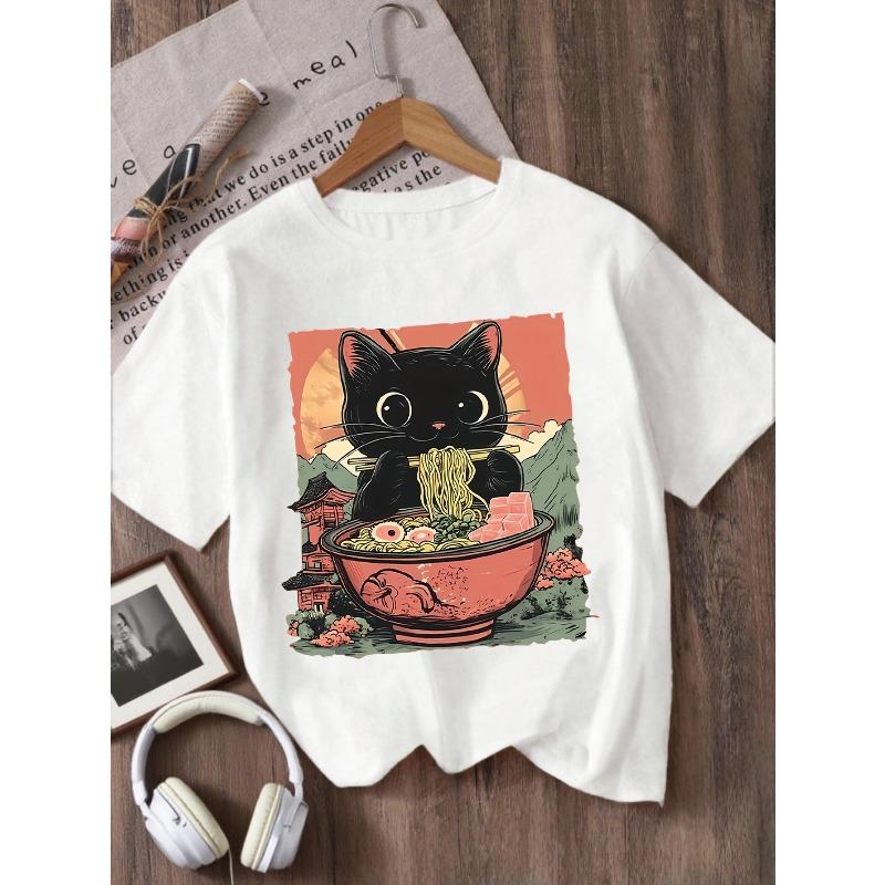Kids Cartoon Black Cat Eating Instant Noodles Graphic Crewneck Short Sleeve T-Shirt 110 белый