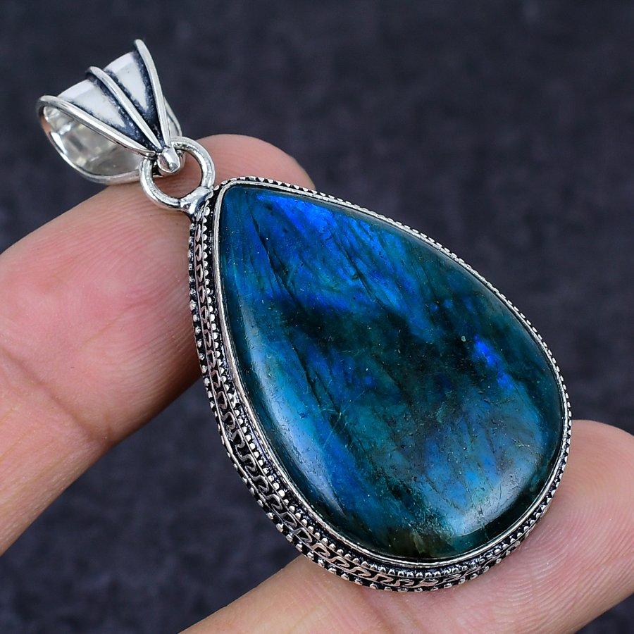 Blue Labradorite Gemstone Handmade 925 Sterling Silver Pendant 2.17" A4i63
