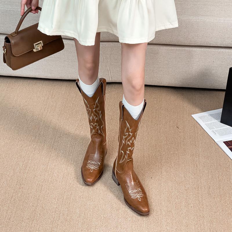 Leather Western Cowboy Boots Embroidered Knight Boots Medium Boots Martin Boots Chelsea Boots Long Boots Children's 2025 New
