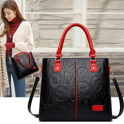 Women's Letter Embossed PU Leather Tote Bag Large Capacity Top Handle Shoulder Satchel