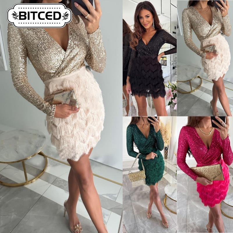 BITCED Women's Fashion Autumn Winter Long Sleeve V-Neck Casual Dresses