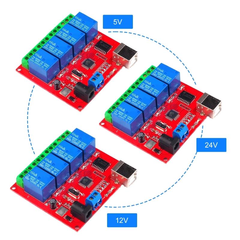 4 Channel 5V 12V 24V Relays Board USB Connection Intelligent Home Relays Controller for PC Automation Projects