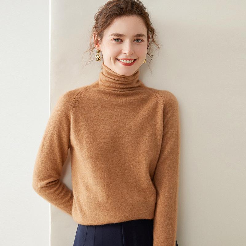 Women's Cashmere Sweater: Rolled Hem, Pile Collar, Solid Color, Loose Fit, Slimming Raglan Sleeve, Pure Wool Knit.