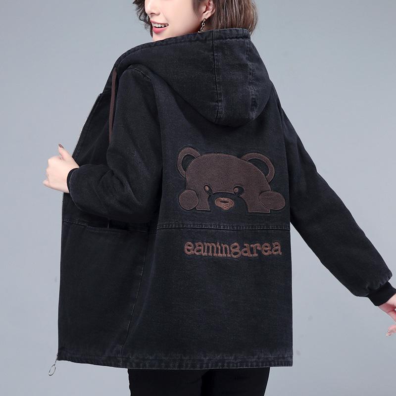 Women's Fleece-Lined Denim Hooded Jacket: Mid-Length, Warm, Fashionable Autumn/Winter Coat for Middle-Aged & Elderly Moms.