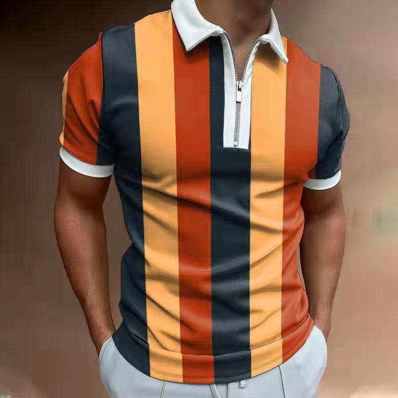 Trendy Short-sleeve Polo Shirt with Half-zip and Vertical Stripes, Great for Casual Wear.