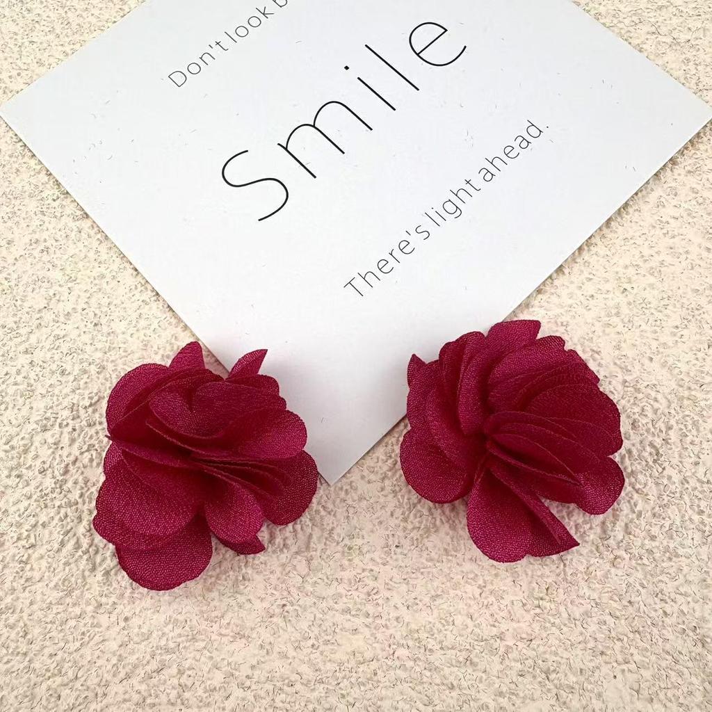 Handmade Chiffon Camellia Flower Earrings - 3cm Fabric Accessories