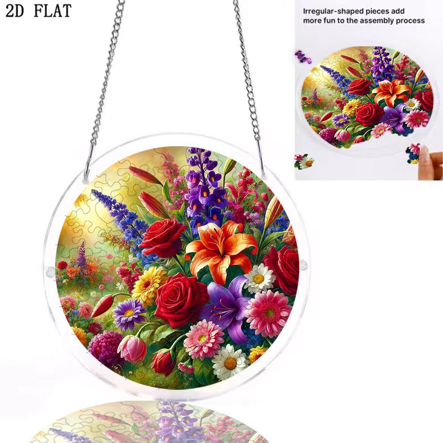 2D Flat, 2D Flat Acrylic Jigsaw Puzzle Featuring a Vibrant Garden Floral Theme, Designed as a "sunlight Catcher" Outdoor Window Hanging Decoration. Su