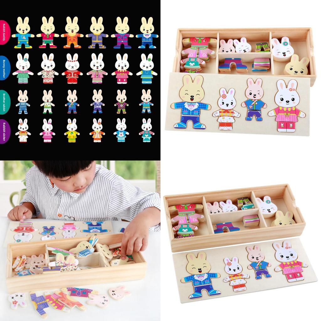 Wooden Childrens Toy With Little Rabbits Dress Up Puzzle For Learning And Play