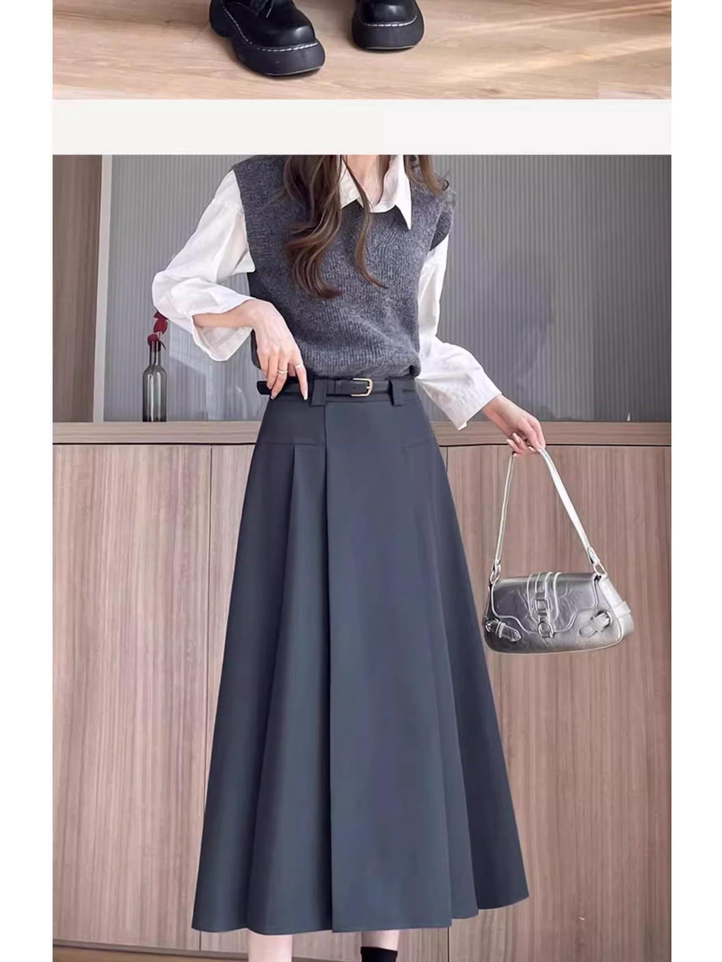 

Spring/Autumn TR Suit with Belted Pleated A-Line Mid-Length Skirt Small серый