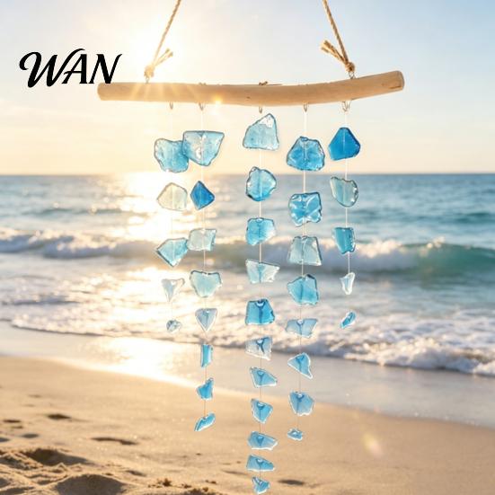 Nautical Wind Chime Sea Glass Chime, Handmade Driftwood Coastal Beach House Hanging for Home Window Decor Colorful