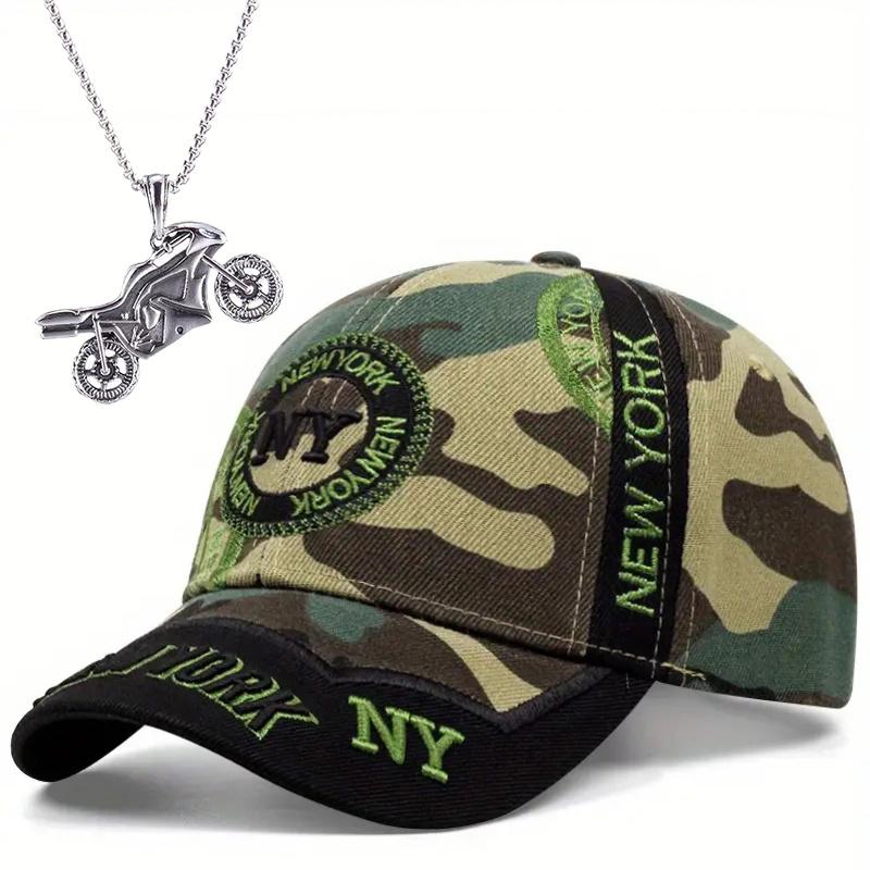 

Комплект из 2 мужских бейсболок, ожерелье, модная хипстерская кепка с вышитыми буквами, парная подвеска в виде мотоцикла, шляпа от солнца камуфляжный