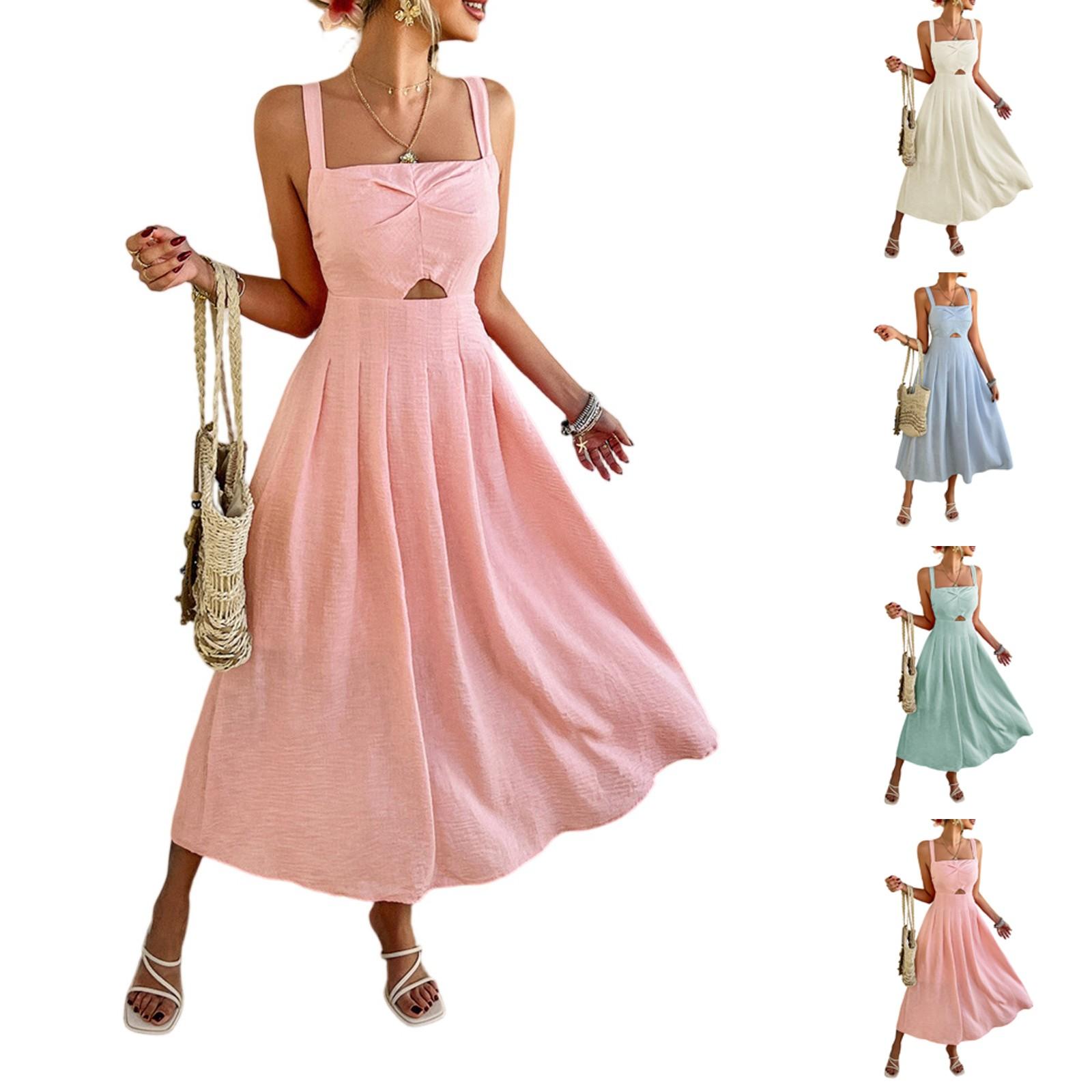 

Women s Fashionable Solid Color Sleeveless High Waisted Camisole Dress L бежевий