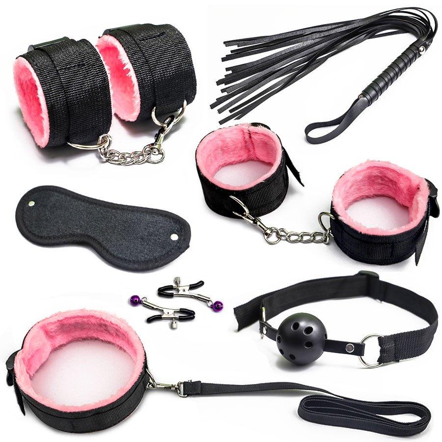 Set 7 piese Bondage Restricții - Manșete pentru încheieturi/glezne, Mască pentru ochi, Dop bucal pentru petreceri pentru adulți și joc senzual