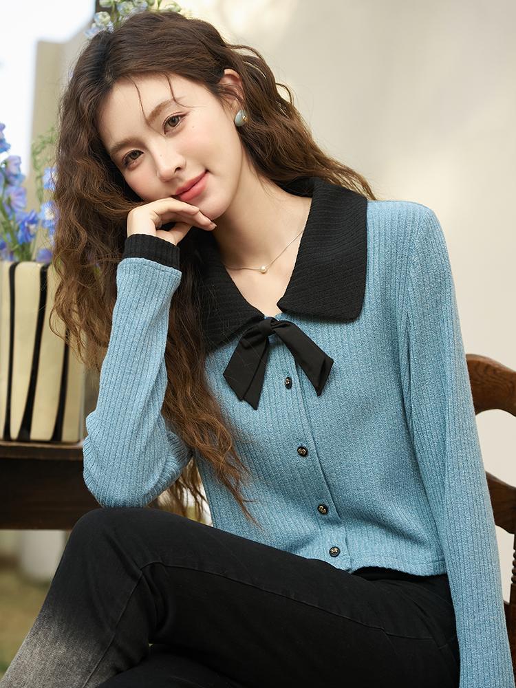 

Вязаный кардиган Mishow для женщин, новинка 2024 года, с длинным рукавом и v-образным вырезом, нишевый дизайн, одежда с бантом во французском стиле, топы MXD14C0193 M синий