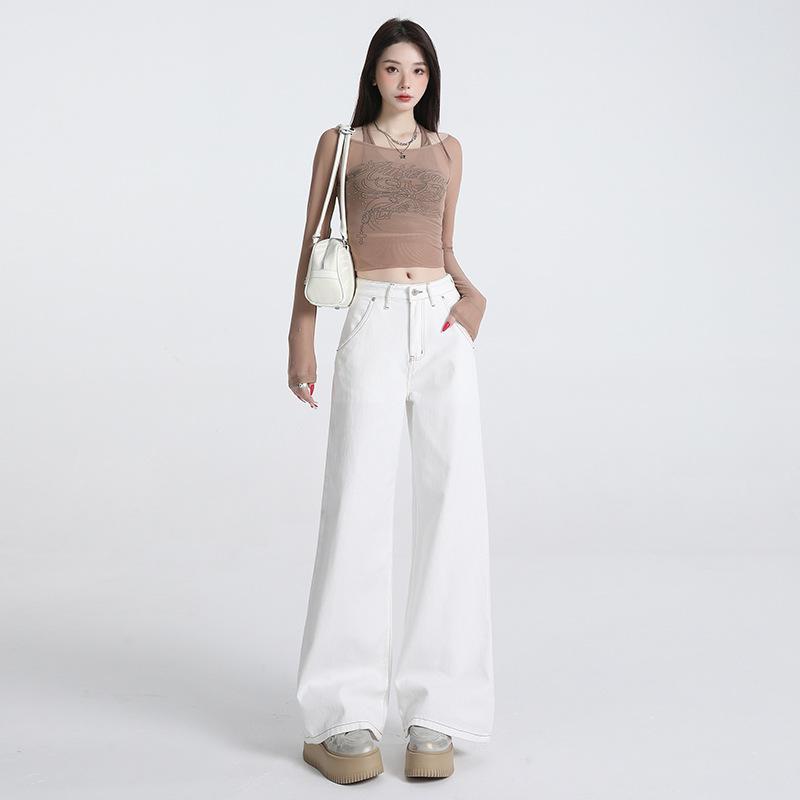 Women's White High-Waisted Wide-Leg Floor-Length Jeans - 2025 Autumn/Winter Loose Slimming Fit