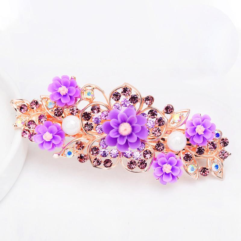 Clip de Primavera de Circonita Blanca Flor de Pedrería Brillante Clip Superior Clip Horizontal Elegante Adorno para el Cabello de Moda para Madres