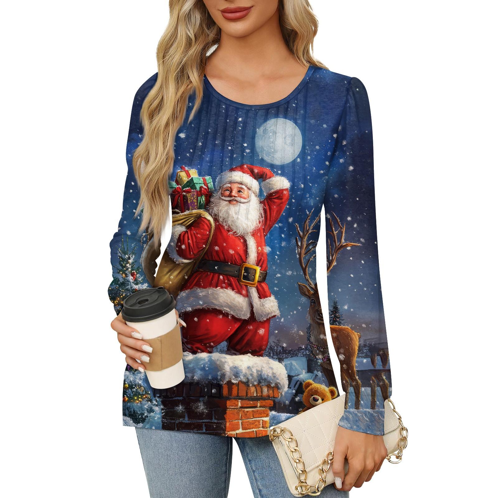 

Рубашки с длинным рукавом для женщин Милые принты Графические футболки Блузки Нарядные повседневные блузки Плиссированные туники с круглым вырезом Топы Рождество XL небесно-голубой