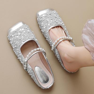 Zapatillas de retazos de cuero y tela con purpurina para mujer, chanclas con correa de perla en el tobillo, zapatos de exterior para mujer, punta cuadrada, mules brillantes, talla grande 43