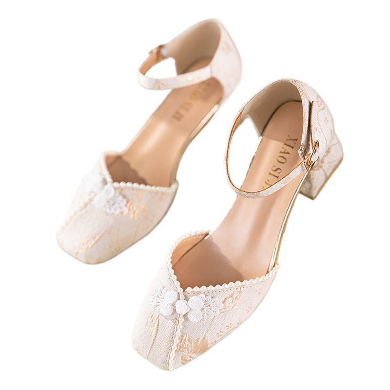 Mary Jane Shoes Women'S Summer Square Head Thick Heel Retro Daily Versatile Disc Buckle High Heel Sandals Cheongsam Shoes