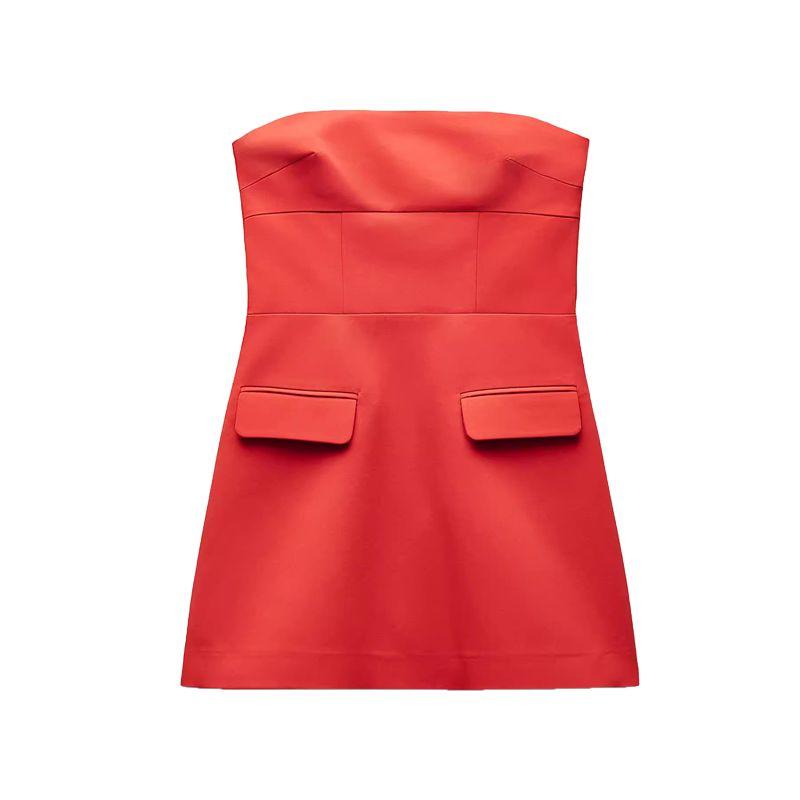 

Spring New Women s Clothing French Style Waist Flap Decoration Bandeau One-Shoulder Straight Collar Short Dress 3067311 Orange color L