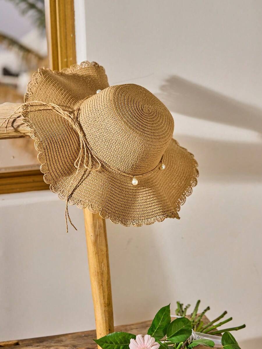 Womens Khaki Wave Beach Sun Hat With Faux Pearl And Bow Detail onesize