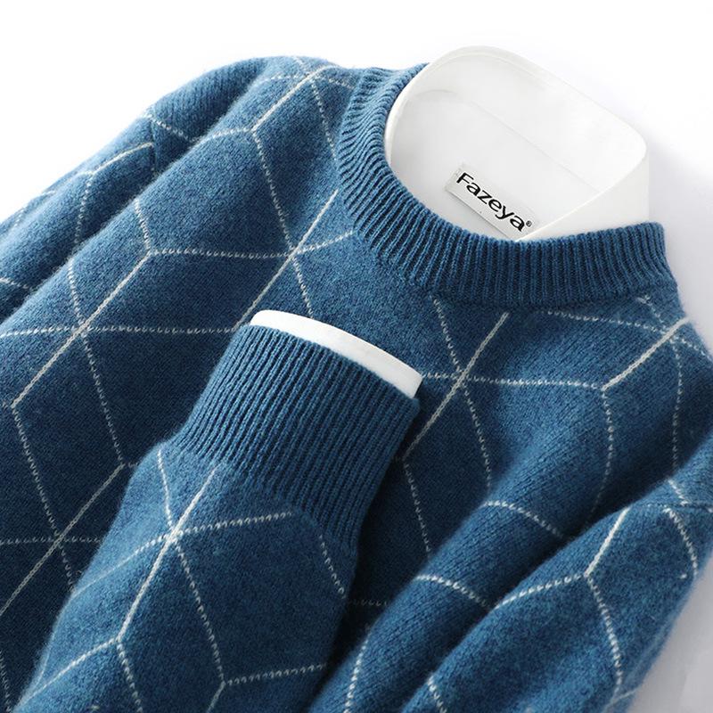 

Men s 100% Pure Wool Color Block Diamond Pattern Round Neck Pullover Sweater - Autumn Winter Loose Knit Base Layer M джинсовий синього кольору