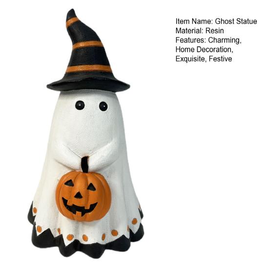 Halloween Ghost Statue Small White Ghost with Pumpkin Figurine Cute Ghost Resin Tabletop Ornament for Indoor Outdoor Halloween Decor
