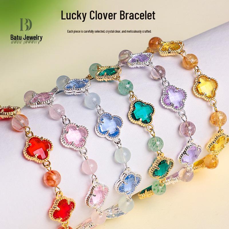 Lucky Clover Amethyst & Rose Quartz Women's Bracelet - Four-Leaf Clover Light Luxury Fashion Jewelry.