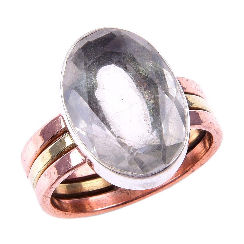 Natural Crystal Quartz Gemstone 925 Solid Silver TwoTone Gift Ring 9.5US J9i26