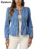 New Women's Ruffled Hem Denim Shirt Jacket with Puff Sleeve Top