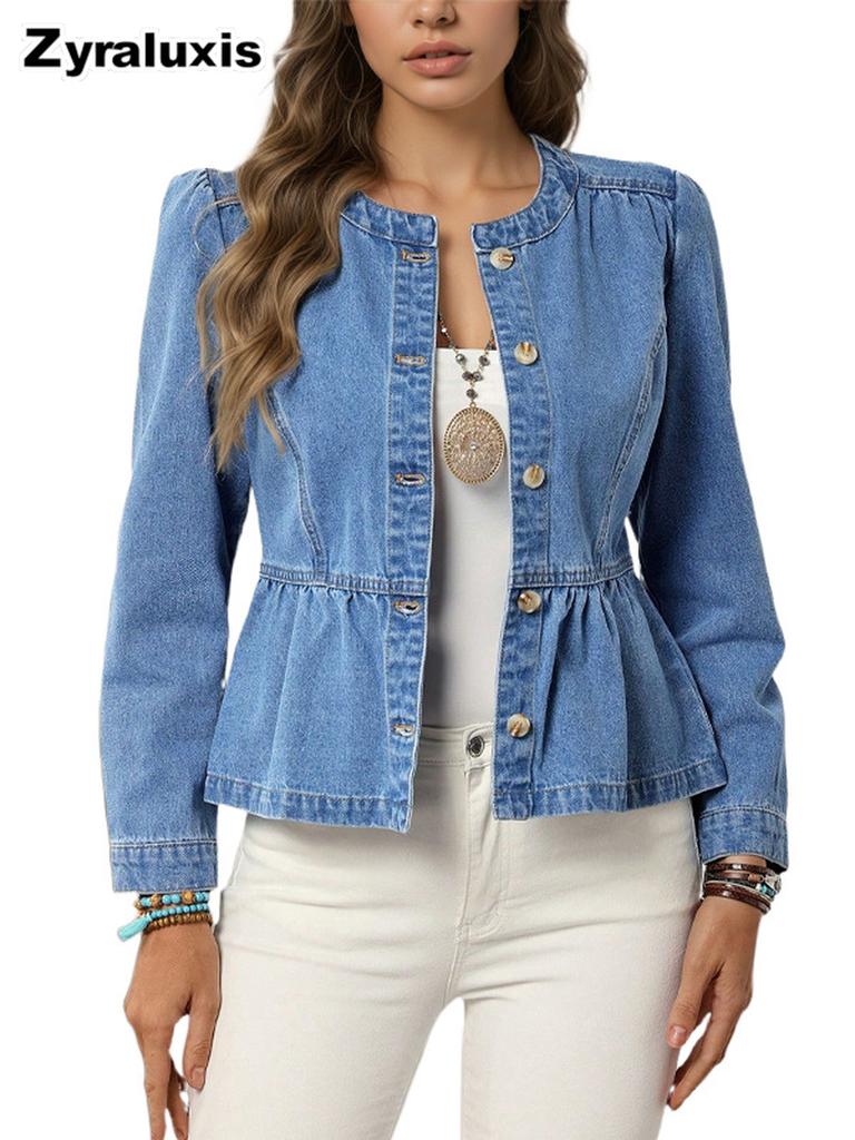 New Women's Ruffled Hem Denim Shirt Jacket with Puff Sleeve Top