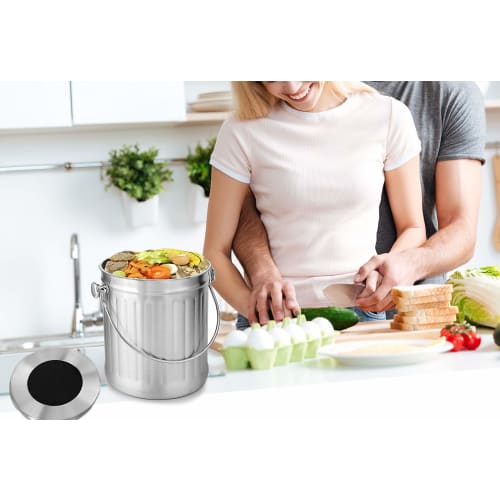 NewlineNY Stainless Steel Indoor Compost Bin for Kitchen Countertops, 1.3 Gallon Recycling Bucket with Two Charcoal Filters