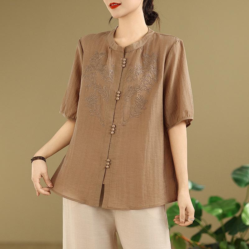 2025 Summer Tencel Cotton Linen Short Sleeve Chinese Embroidery Top & Wide Leg Pants Set