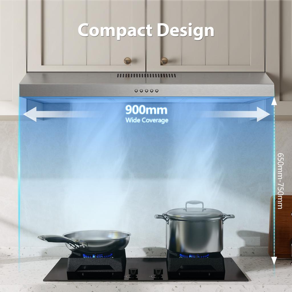 TopStrong 90cm  Ducted/Ductless Range Hood, Activated Carbon Filter , Stainless Steel, 3-Speed Settings, 2W LED Lighting