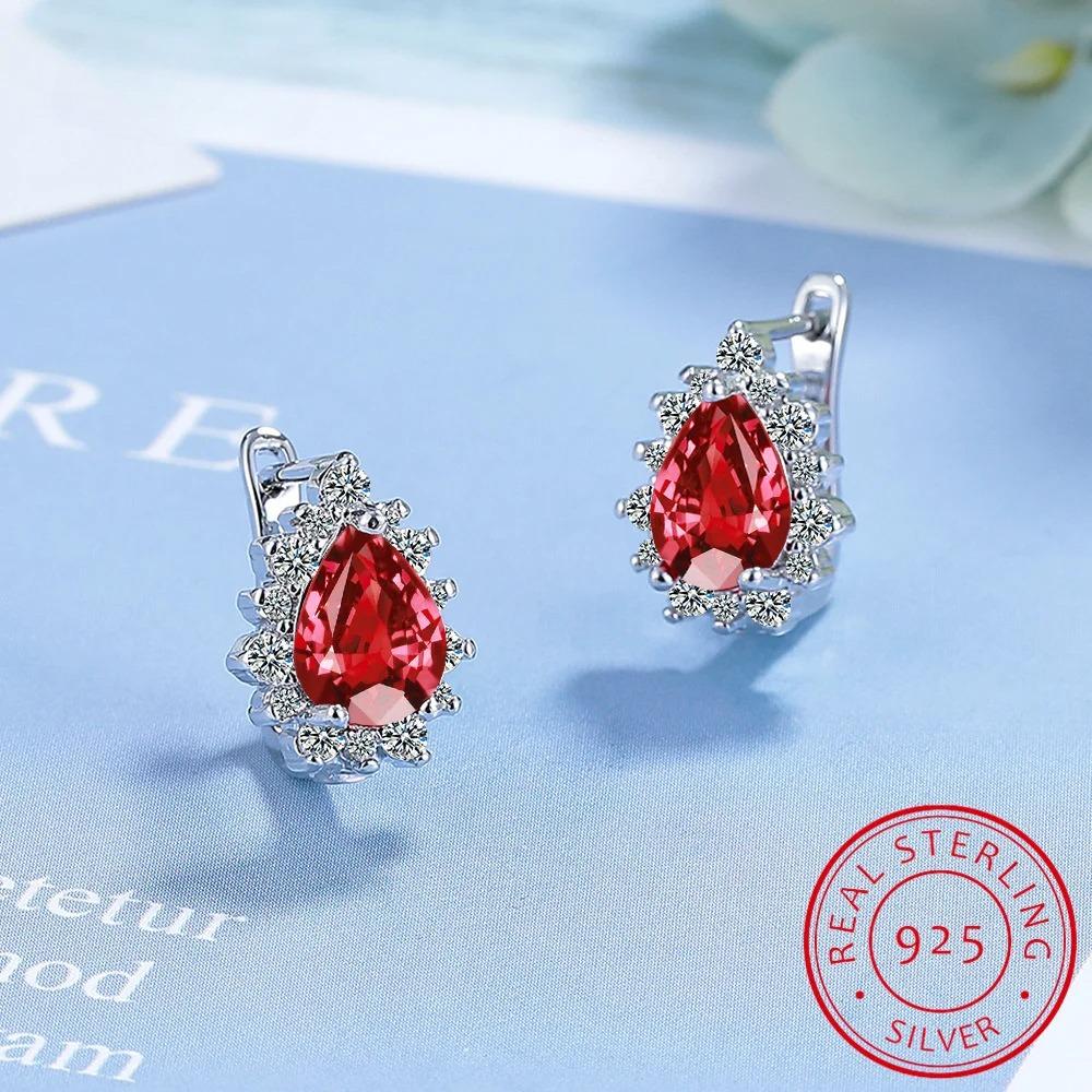 Pear Genuine Natural Blue Topaz 925 Sterling Silver Water Drop Hoop Earrings for Women Fashion Statement Gemstone Jewelry