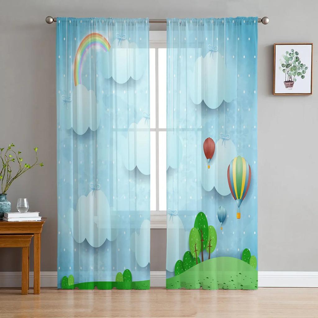 Blue Sky White Clouds Grassland Tulle Window Curtains Living Room Organza Sheer Voile Curtain Bedroom Kitchen Home Decor Drape